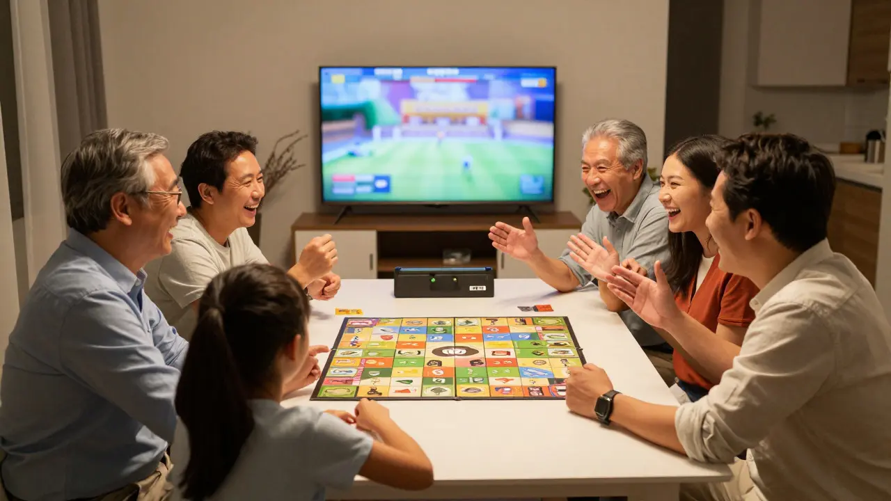 Multi-generational family laughing together while playing a cooperative video game