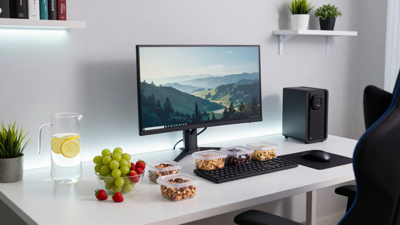 Organized gaming desk with water pitcher and fruit bowl for easy access