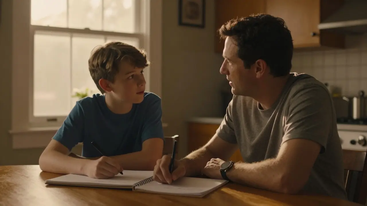 Parent and child having a calm discussion at a kitchen table