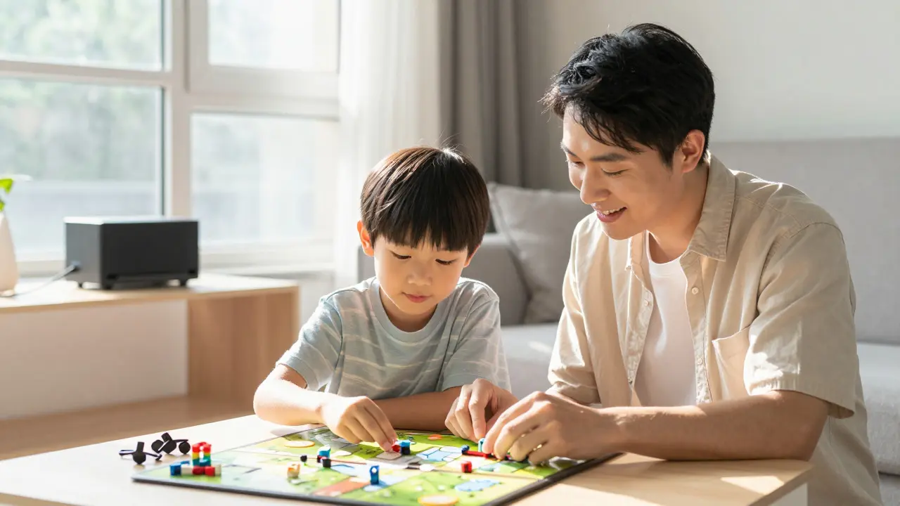 Parent and child playing a board game together in a bright living room