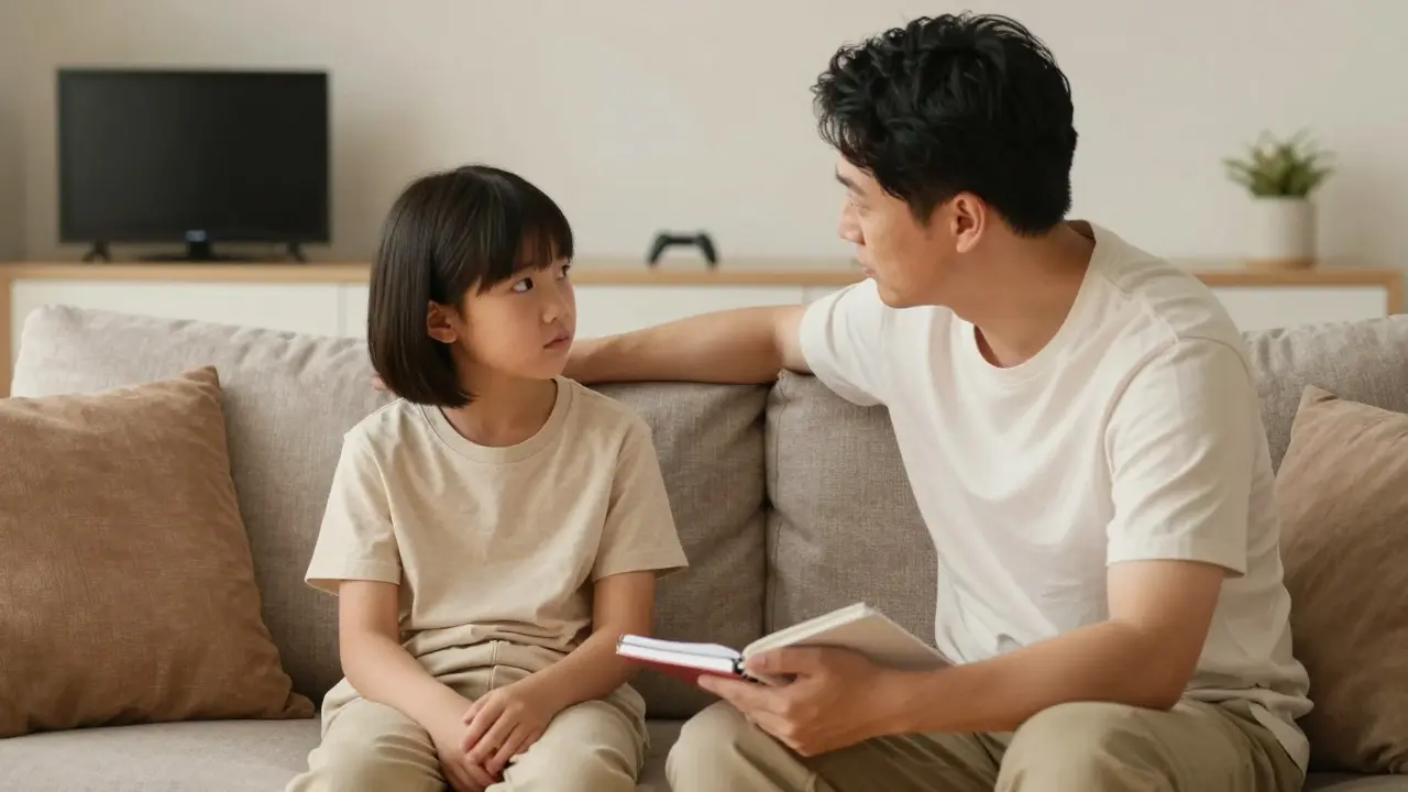Parent and child talking about screen time rules in a cozy living room