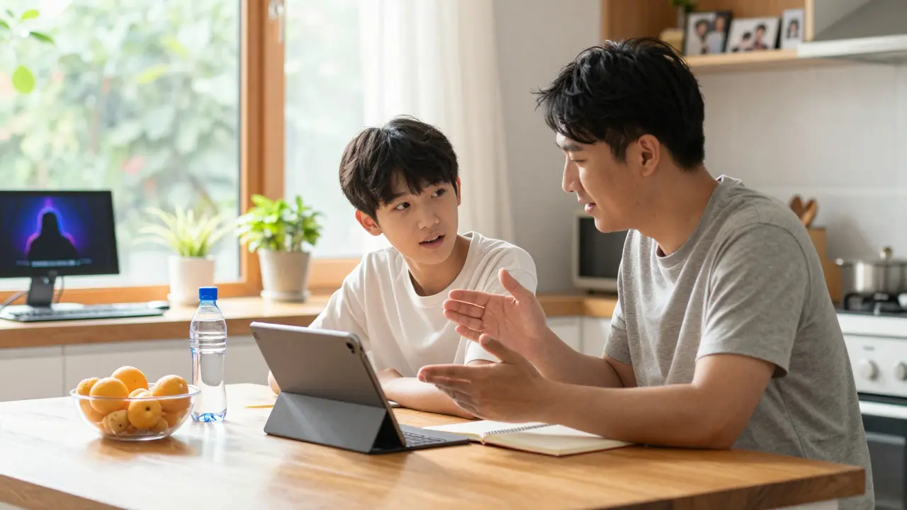 Parent and teen discussing goals together at a sunlit kitchen table