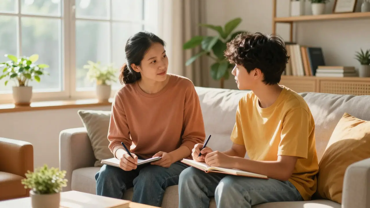 Parent and teen discussing habits in a bright, sunny living room