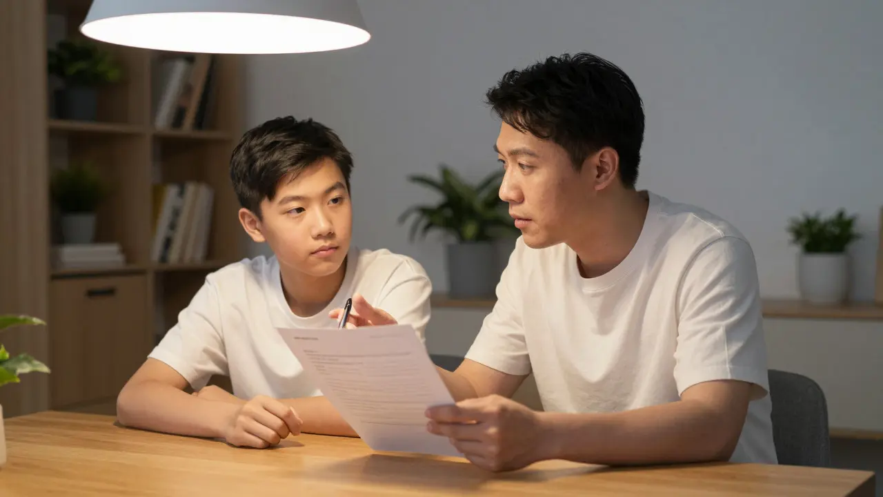Parent and teenager calmly discussing a paper form at a dining table