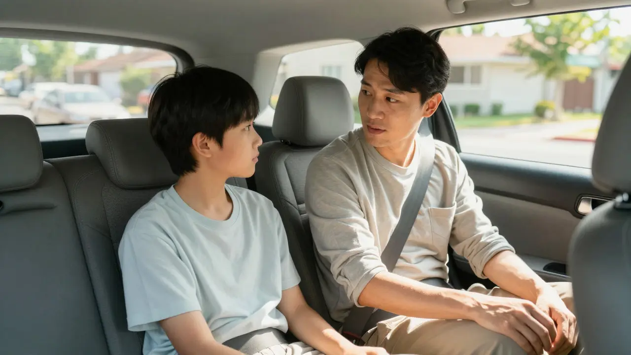 Parent and teenager having a calm conversation while sitting in a car during the day