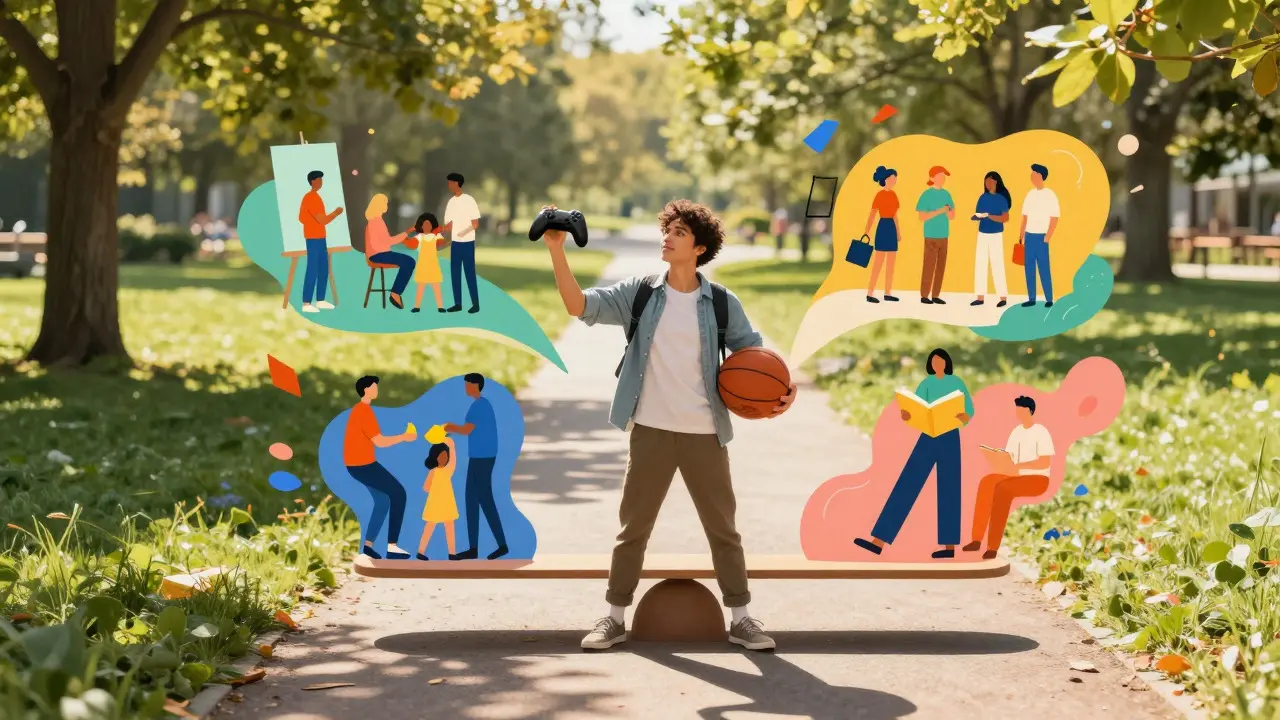 Person balancing gaming and outdoor activities in a sunny park