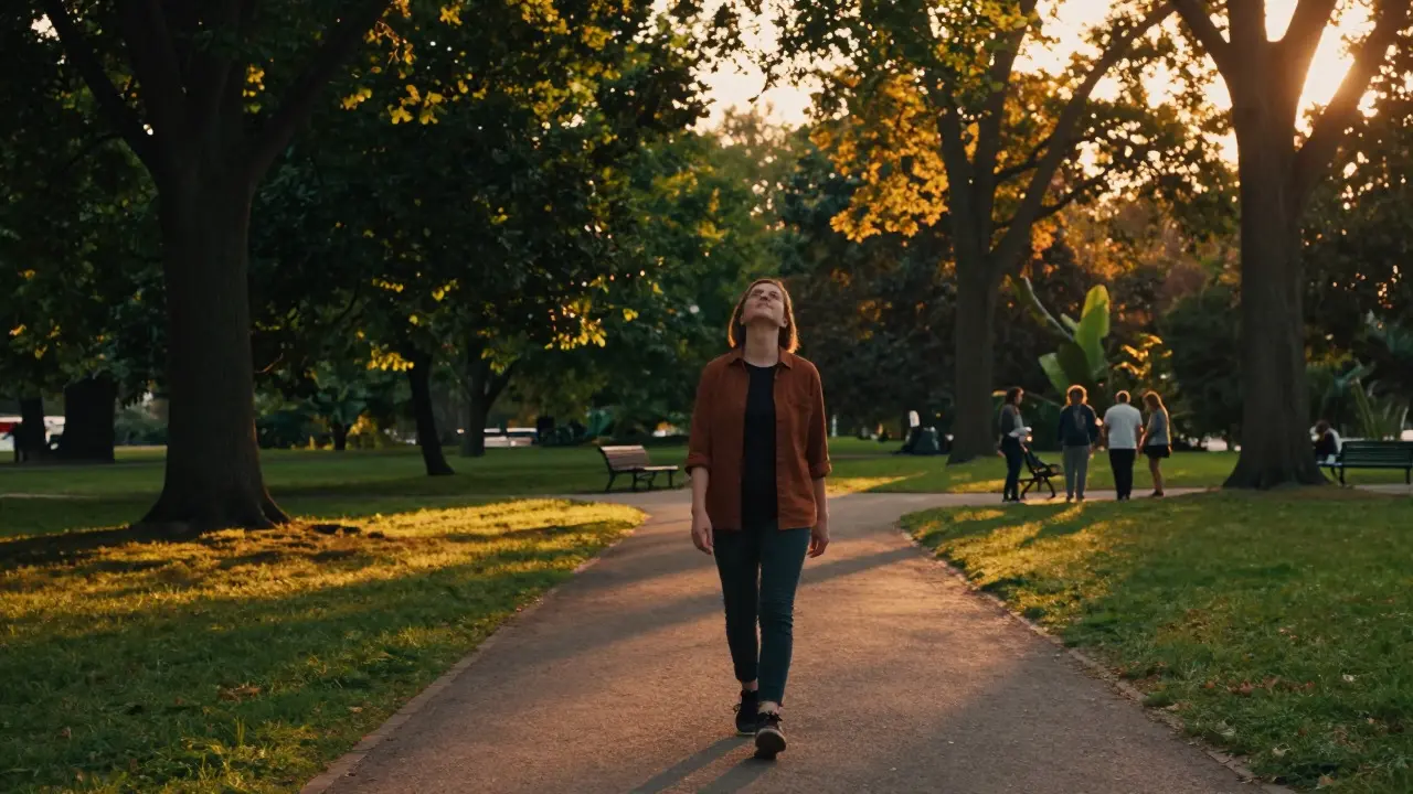 Person breathing deeply in a sunny park without electronics