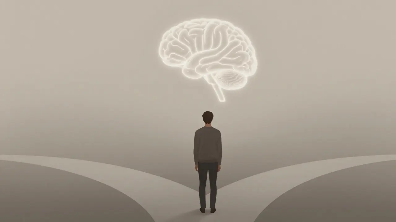 Person contemplating a choice at a crossroads with a faint brain glow overhead