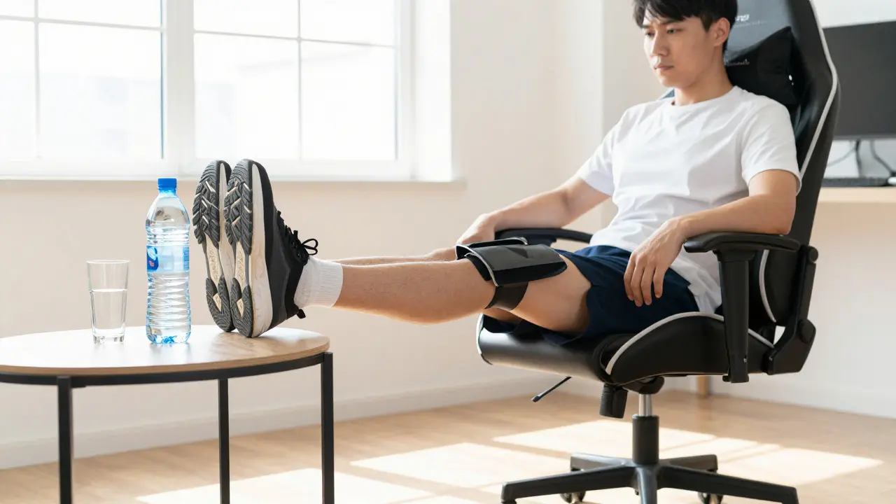 Person doing seated calf raises next to a water bottle in a bright, healthy gaming setup