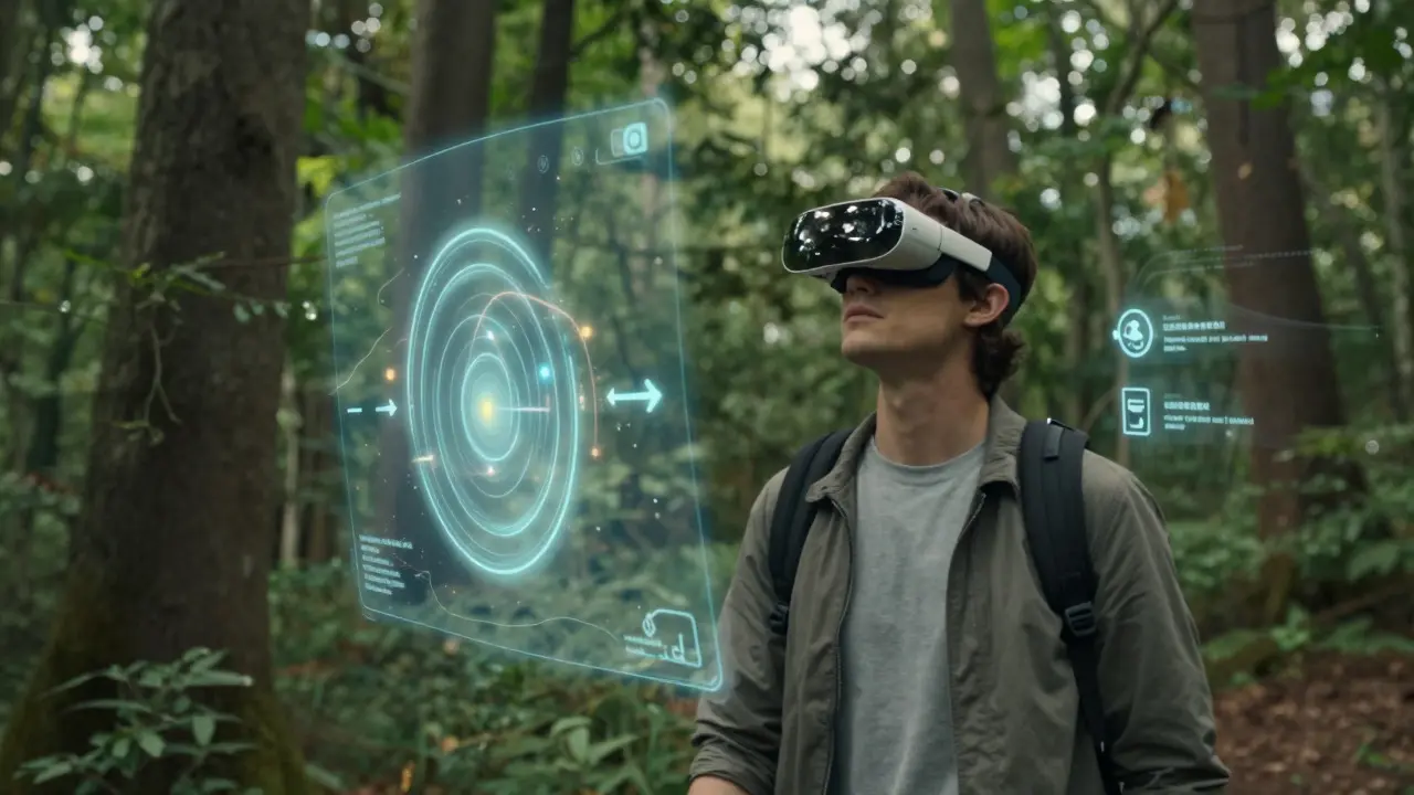 Person in AR glasses walking in a forest with subtle holographic safety indicators