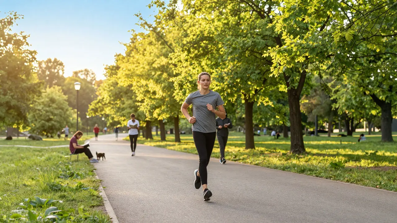 Person jogging in a sunny park surrounded by green trees and fresh morning light
