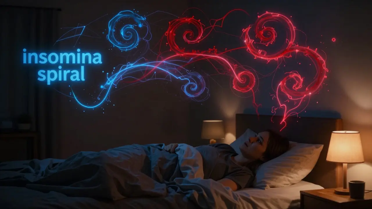 Person lying awake in bed surrounded by swirling abstract shapes representing anxiety