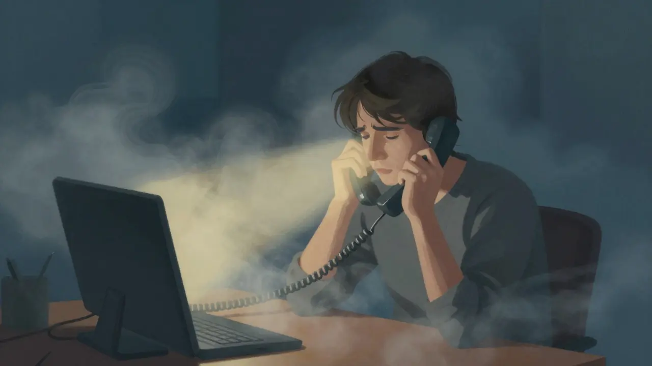 Person on phone with warm light breaking through dark fog in an artistic illustration