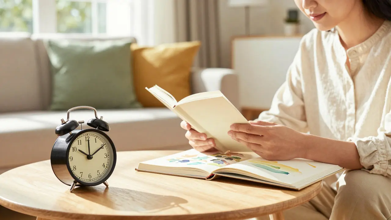 Person painting in a bright room with an alarm clock nearby