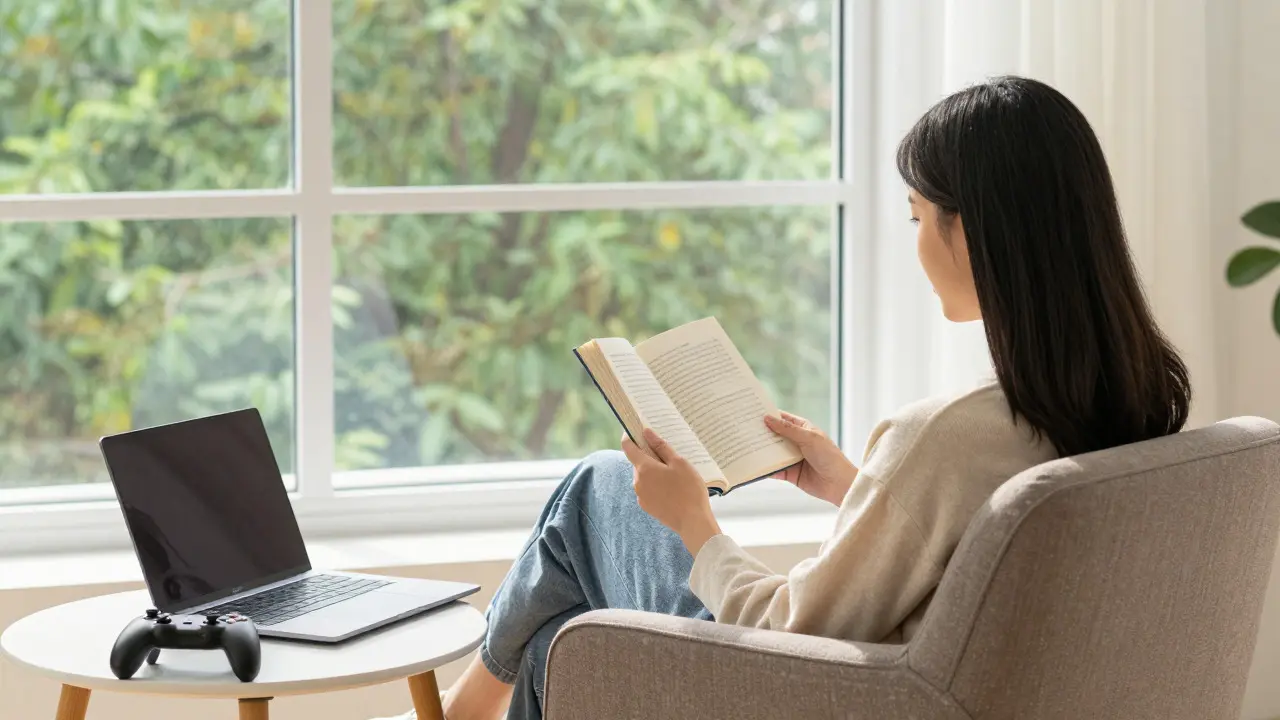 Person reading a book in a sunny room with a closed laptop nearby