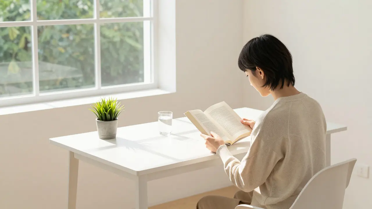 Person reading a physical book in a sunlit, minimalist study room
