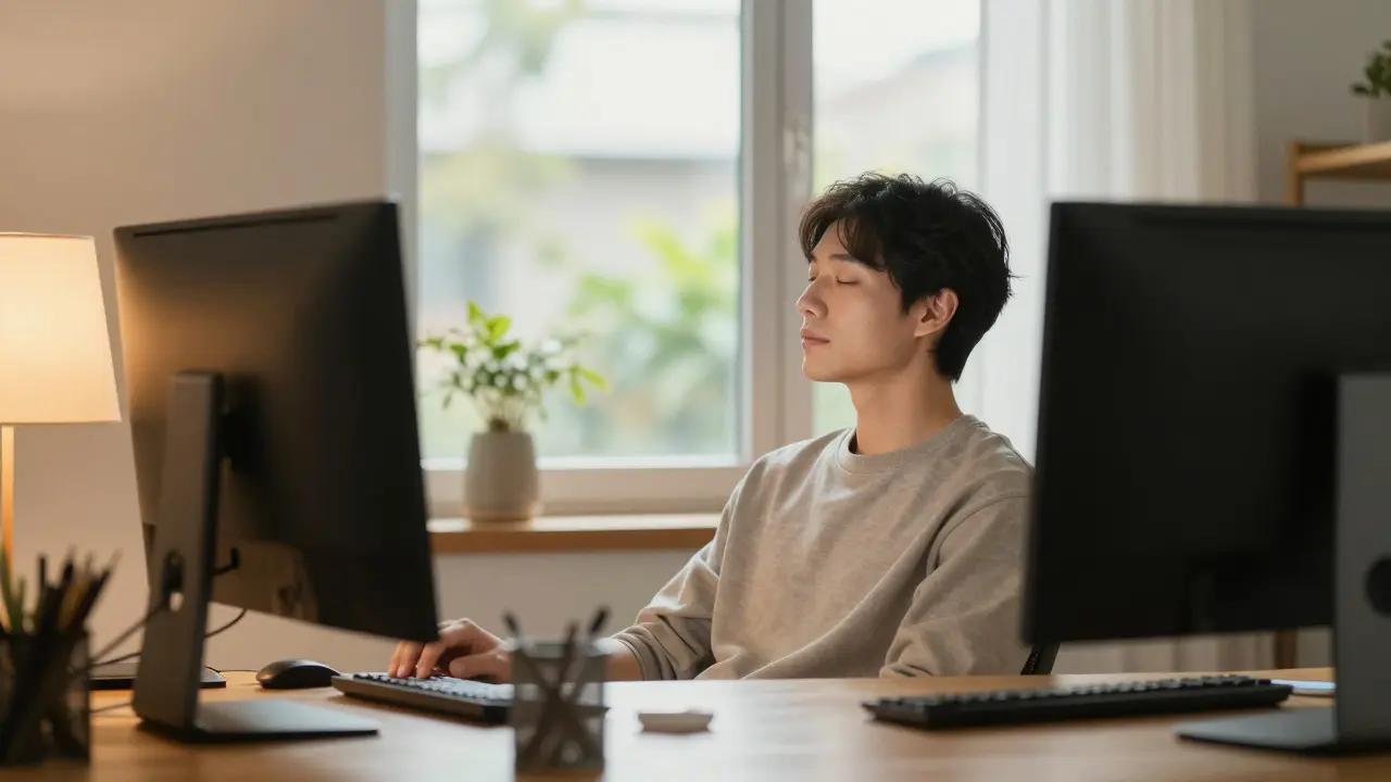 Person relaxing at a desk while looking out a bright window