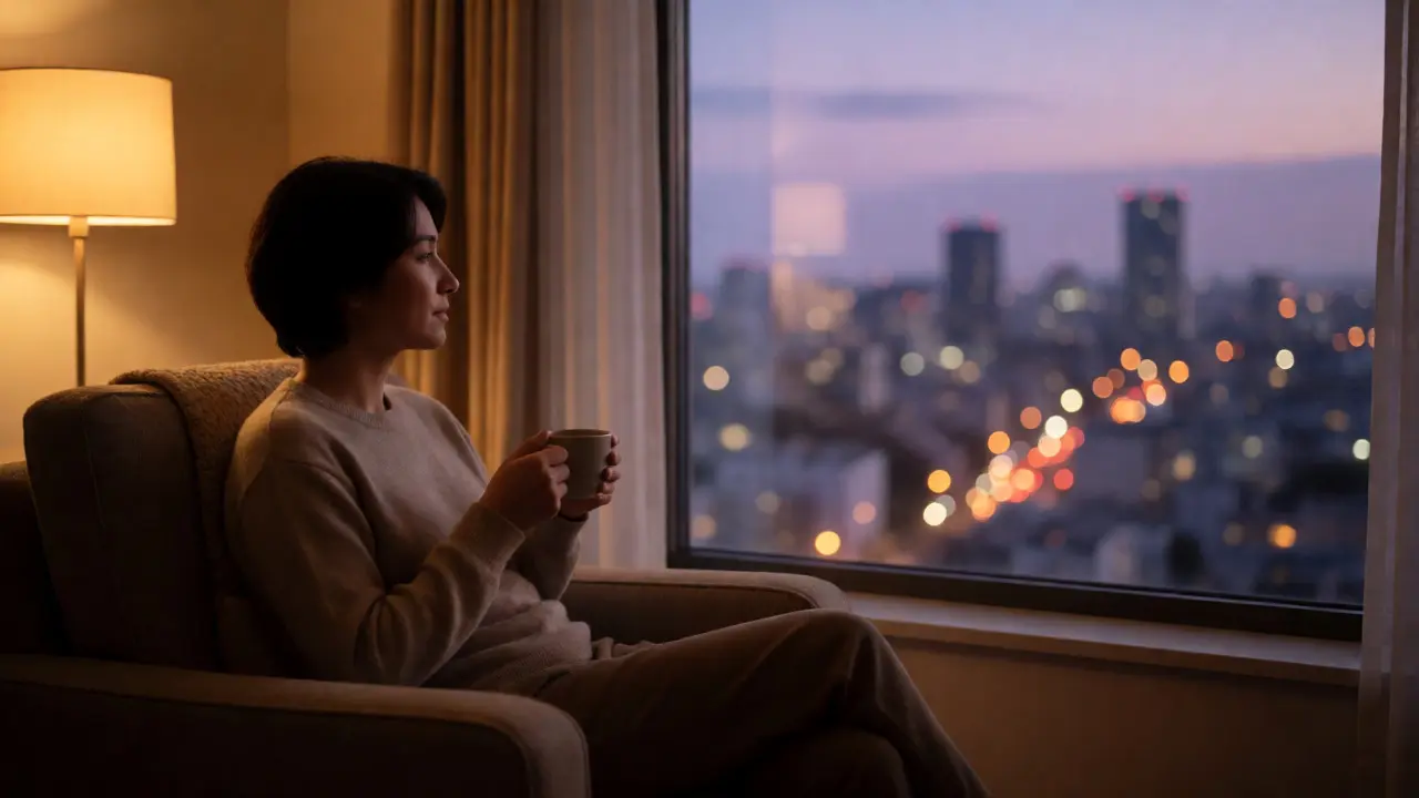 Person relaxing in an armchair by a window at dusk