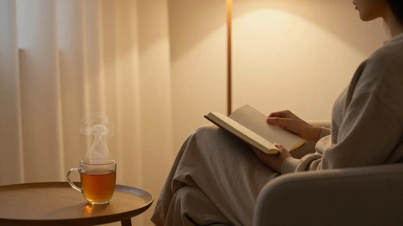 Person sitting in a chair journaling by lamplight in a cozy room