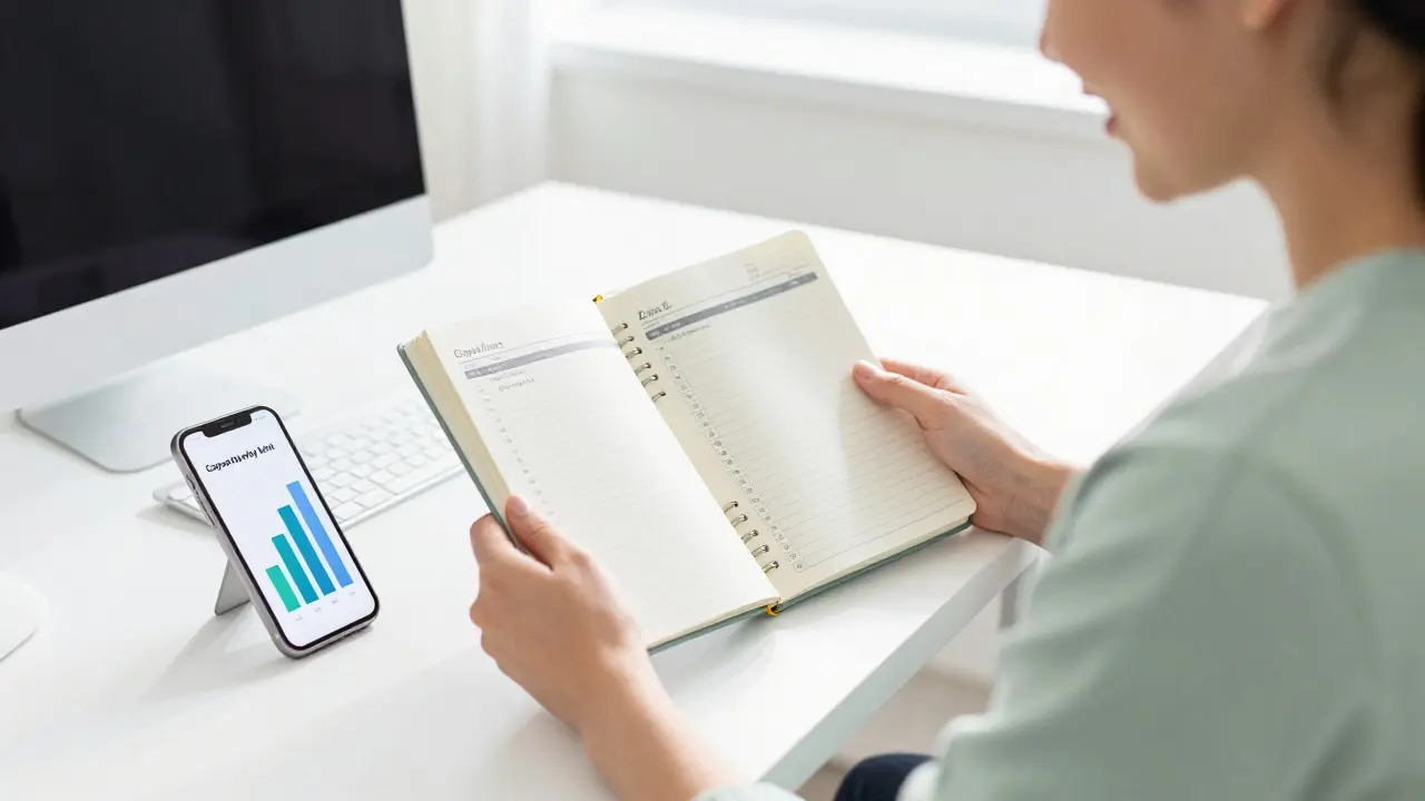 Person smiling while reviewing a budget notebook in a bright room