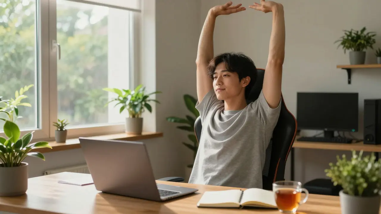 Person stretching after standing up from a gaming chair in a bright room