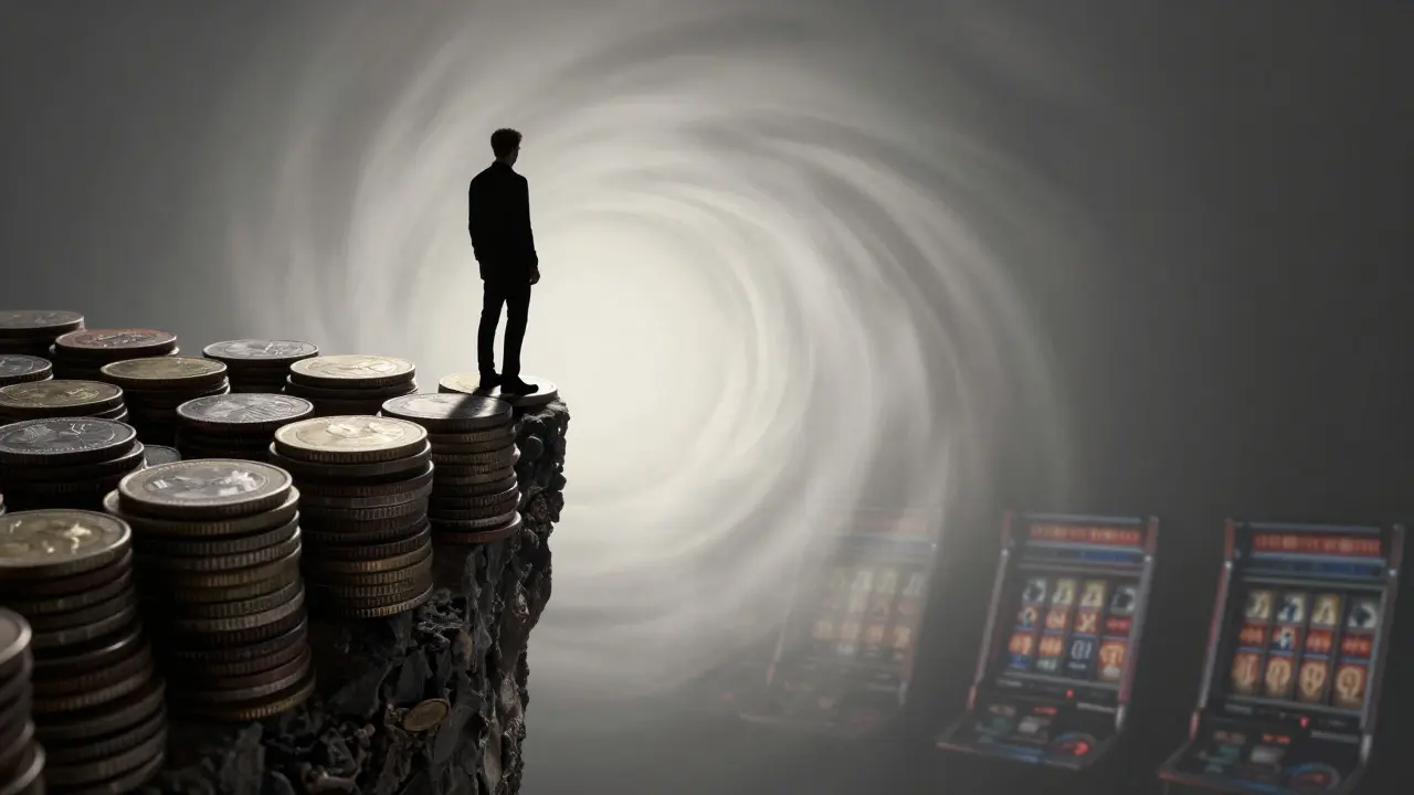 Silhouette of a person standing on a stack of coins overlooking a vortex of spinning reels