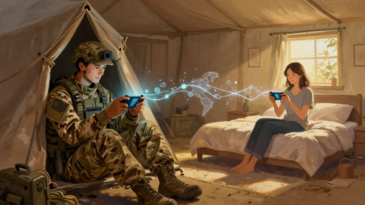 Soldier and spouse connected via gaming devices across different locations