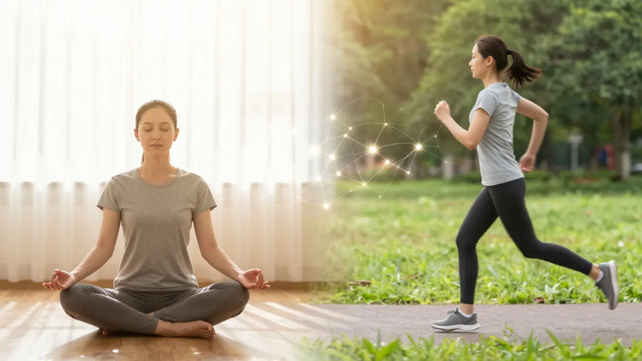 Split image of meditation and exercise illustrating brain recovery and neuroplasticity