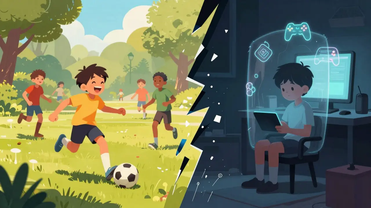Split image showing a child playing soccer happily versus sitting alone in a dark room