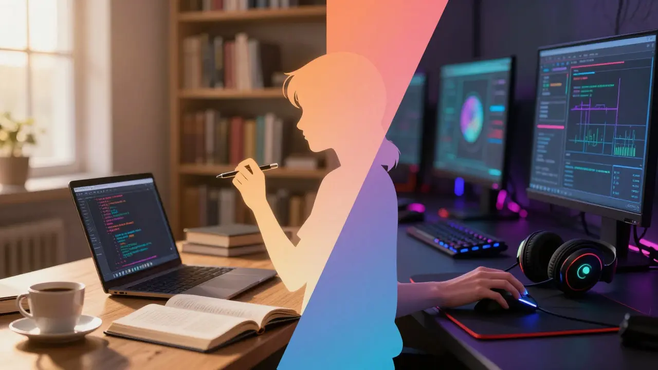 Split image showing a library study space and a gaming setup