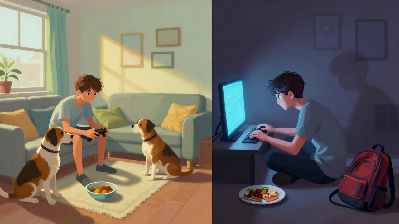 Split image showing balanced gaming lifestyle versus isolated, excessive play