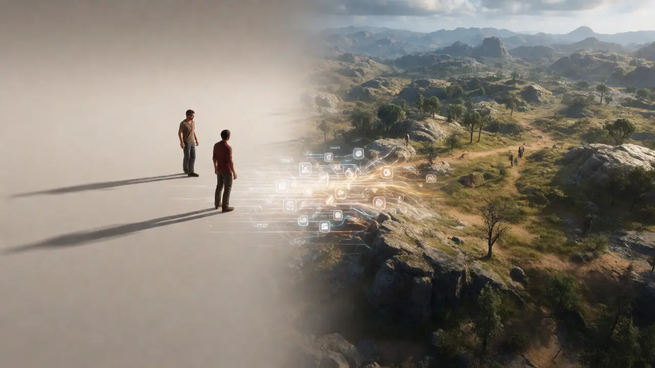 Split view comparing linear and open-world game environments