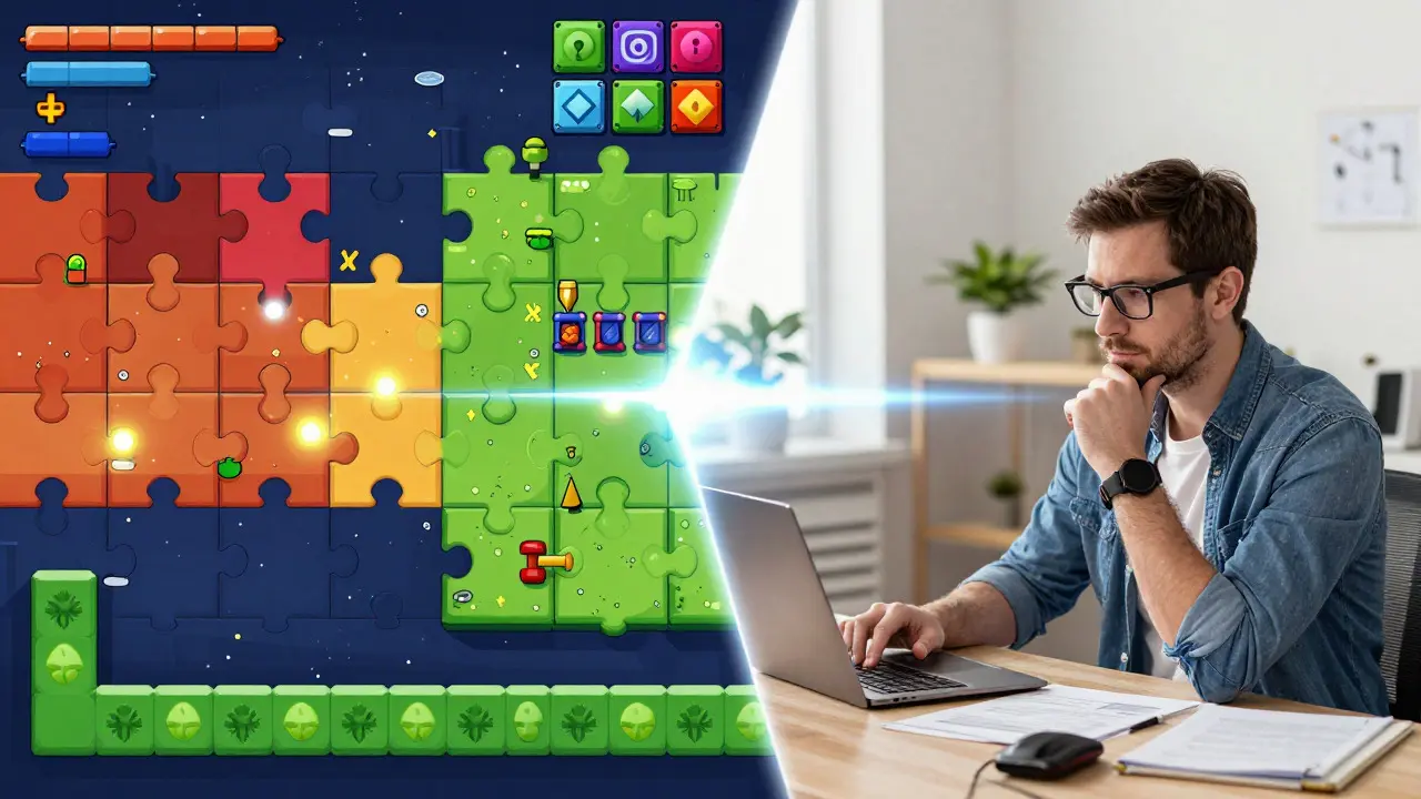 Split-view image connecting a colorful video game puzzle with a real-world workspace