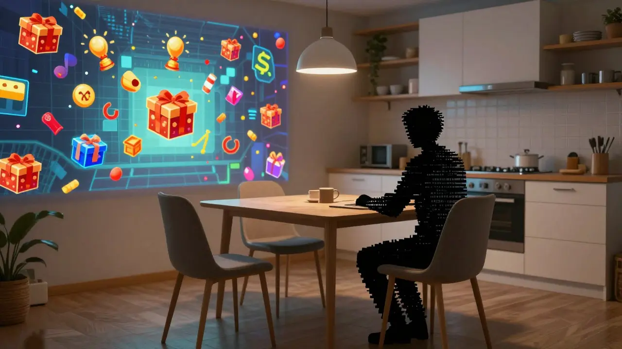 Surreal art showing a person fading into pixels while an empty chair sits opposite