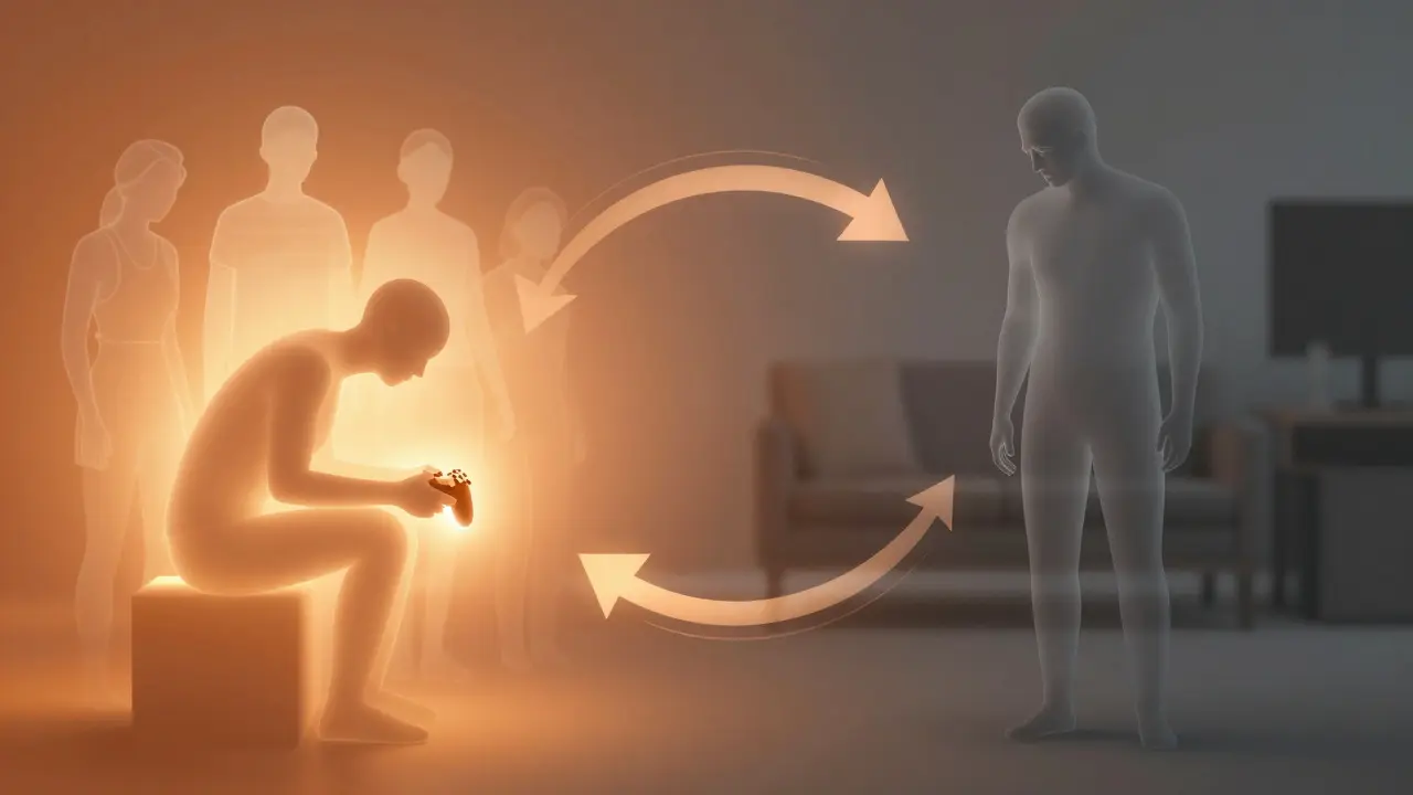 Surreal art showing the cycle between digital connection and real-world loneliness