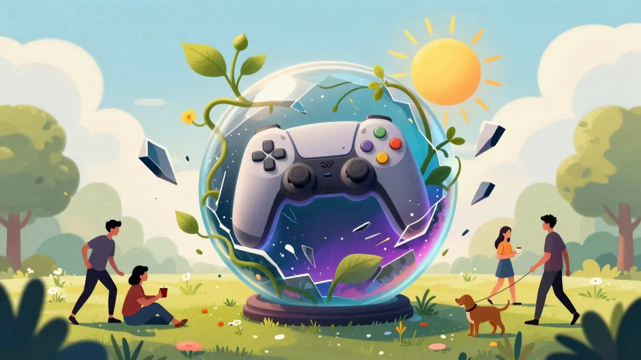Surreal image of a shattering gaming sphere revealing nature and human connection