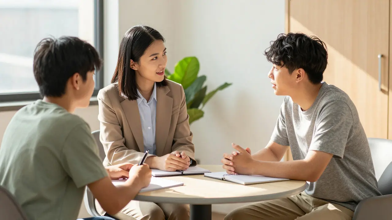 Teacher having a supportive conversation with a student in a school