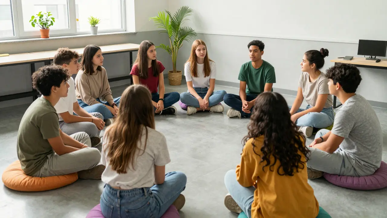 Teenagers sitting in a circle having a supportive conversation in a classroom