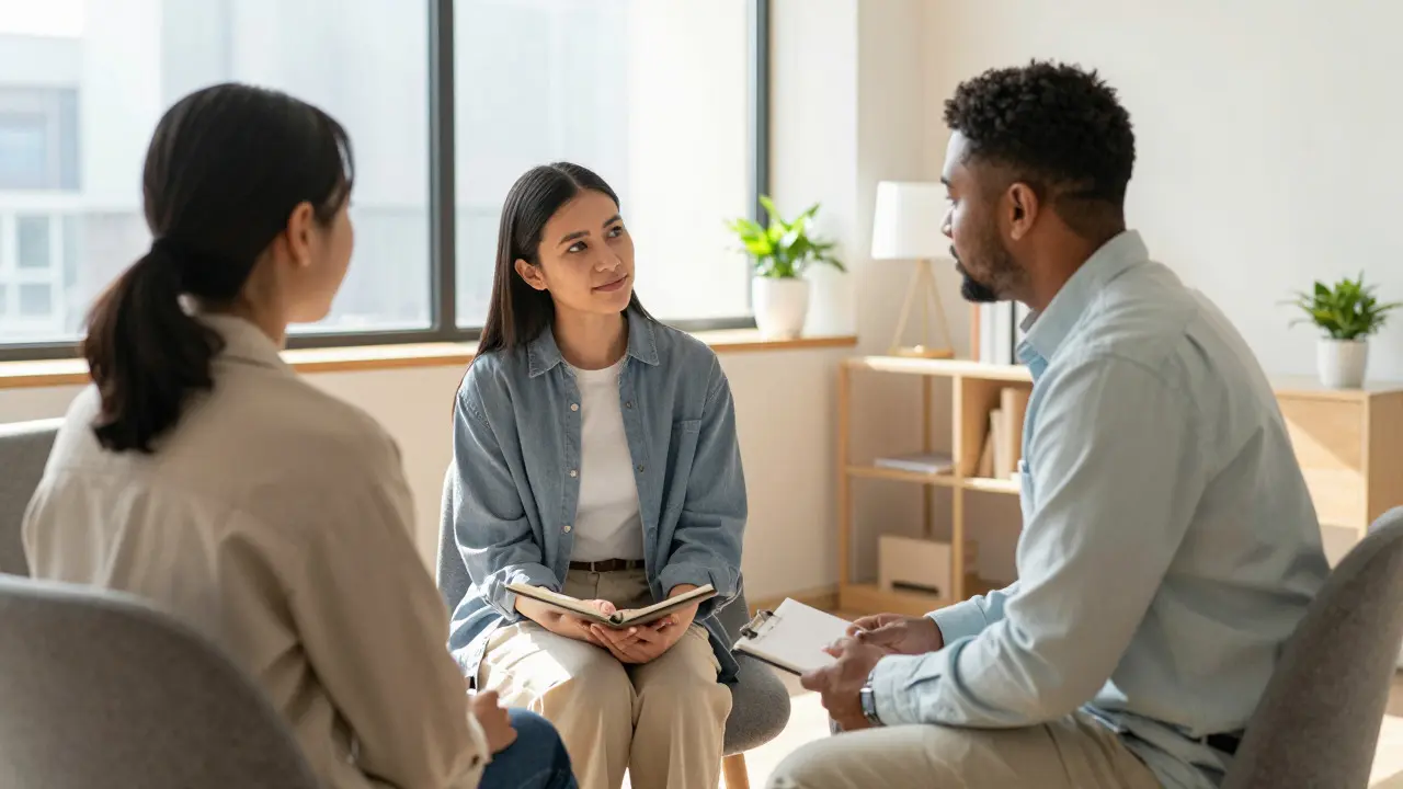Therapist and patient having a supportive conversation in a sunny office