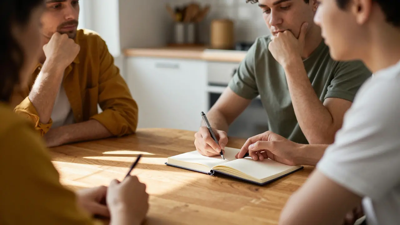 Three friends discussing and taking notes at a kitchen table, preparing for a medical appointment