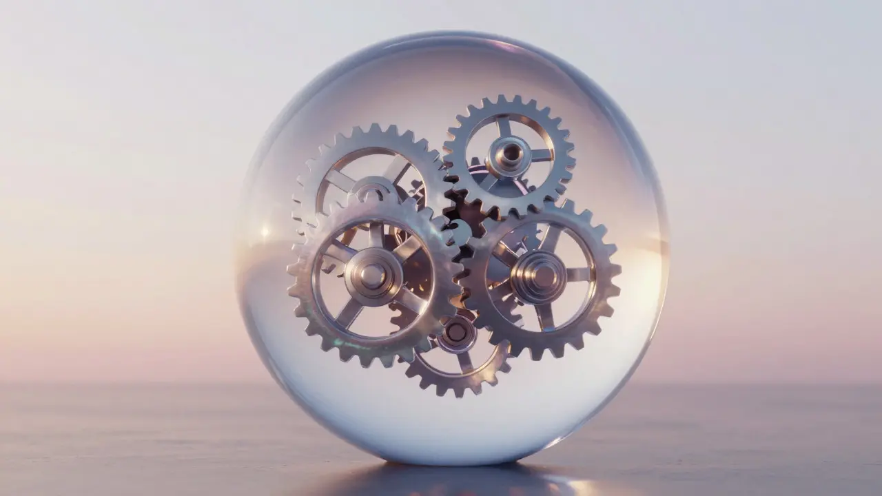Transparent sphere containing smooth, lubricated gears under a sunrise sky
