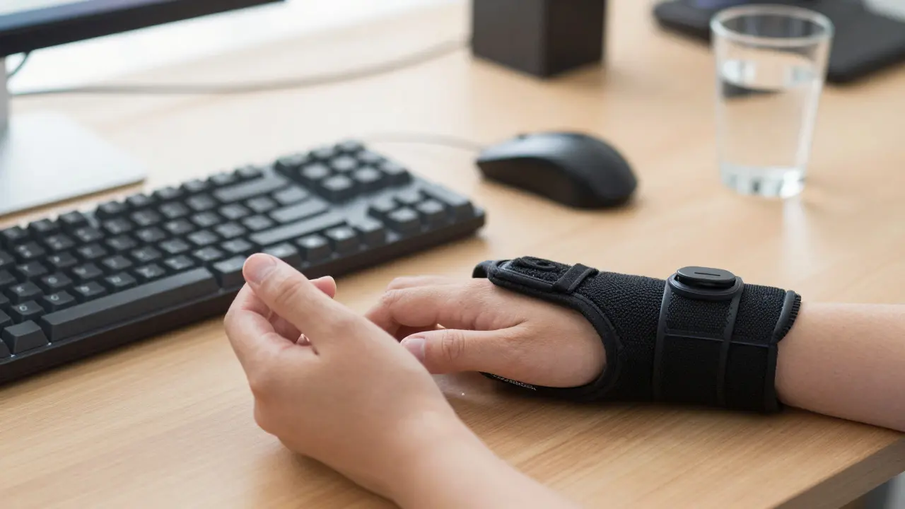 Two different wrist braces displayed on a desk next to a keyboard, illustrating distinct treatments