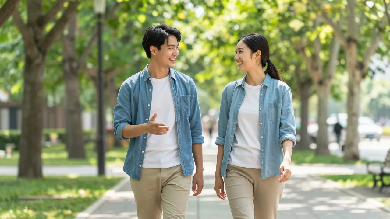 Two friends walking and talking together on a sunny path in a city park