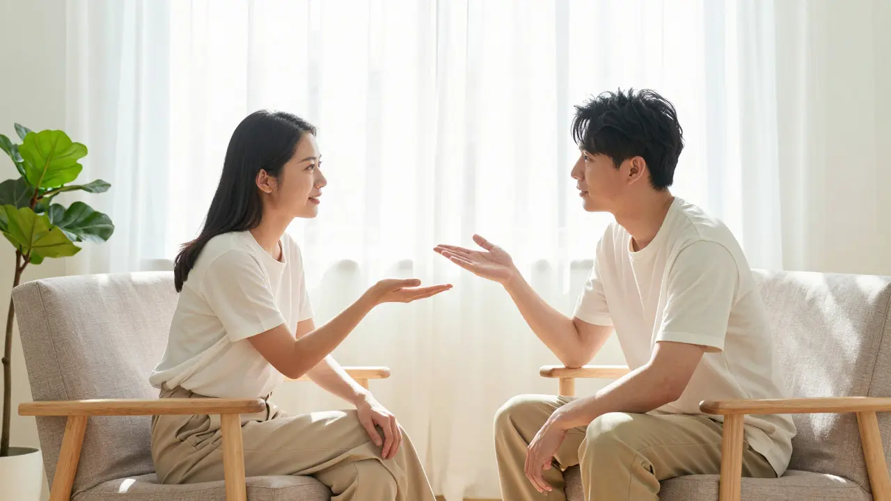 Two people having a calm conversation in a sunny living room