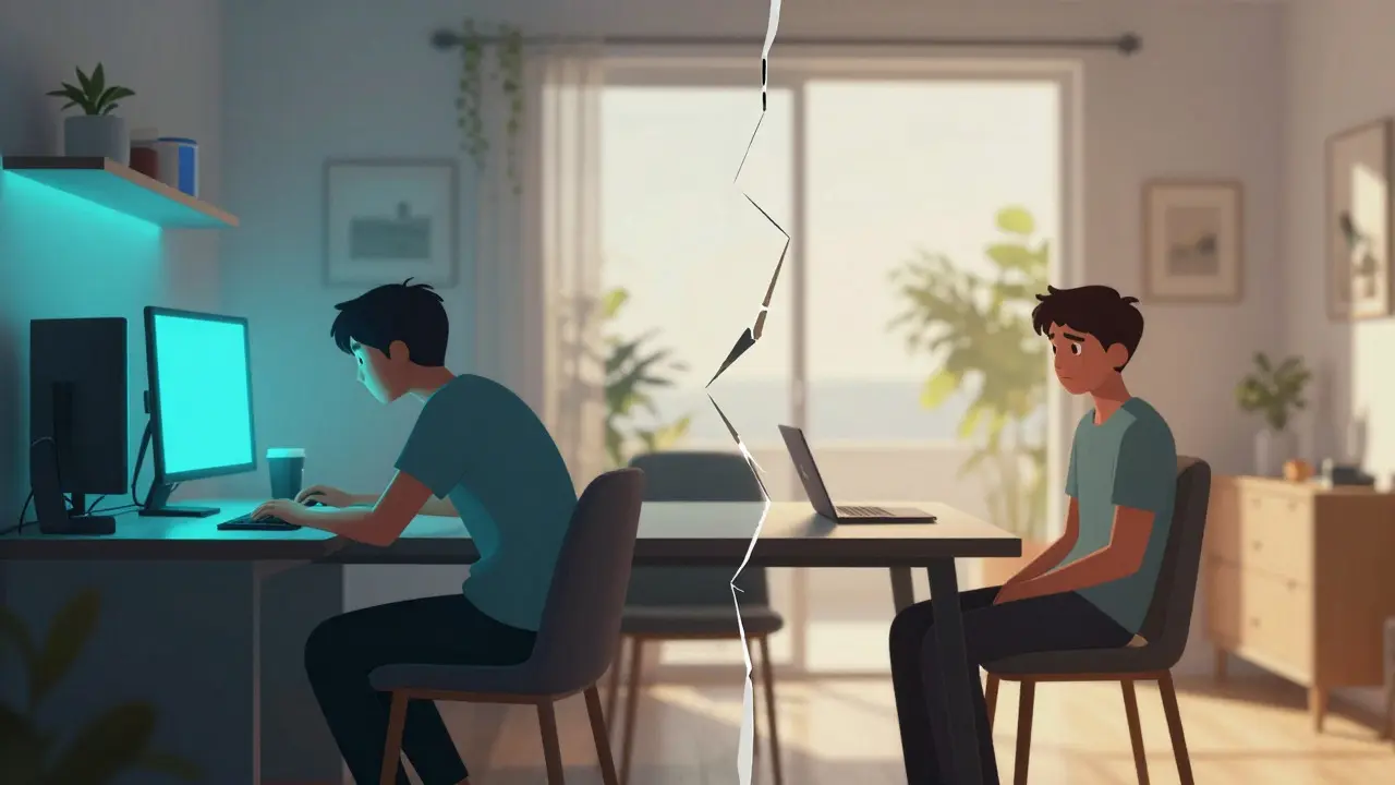 Two siblings separated by a glowing screen at a dining table