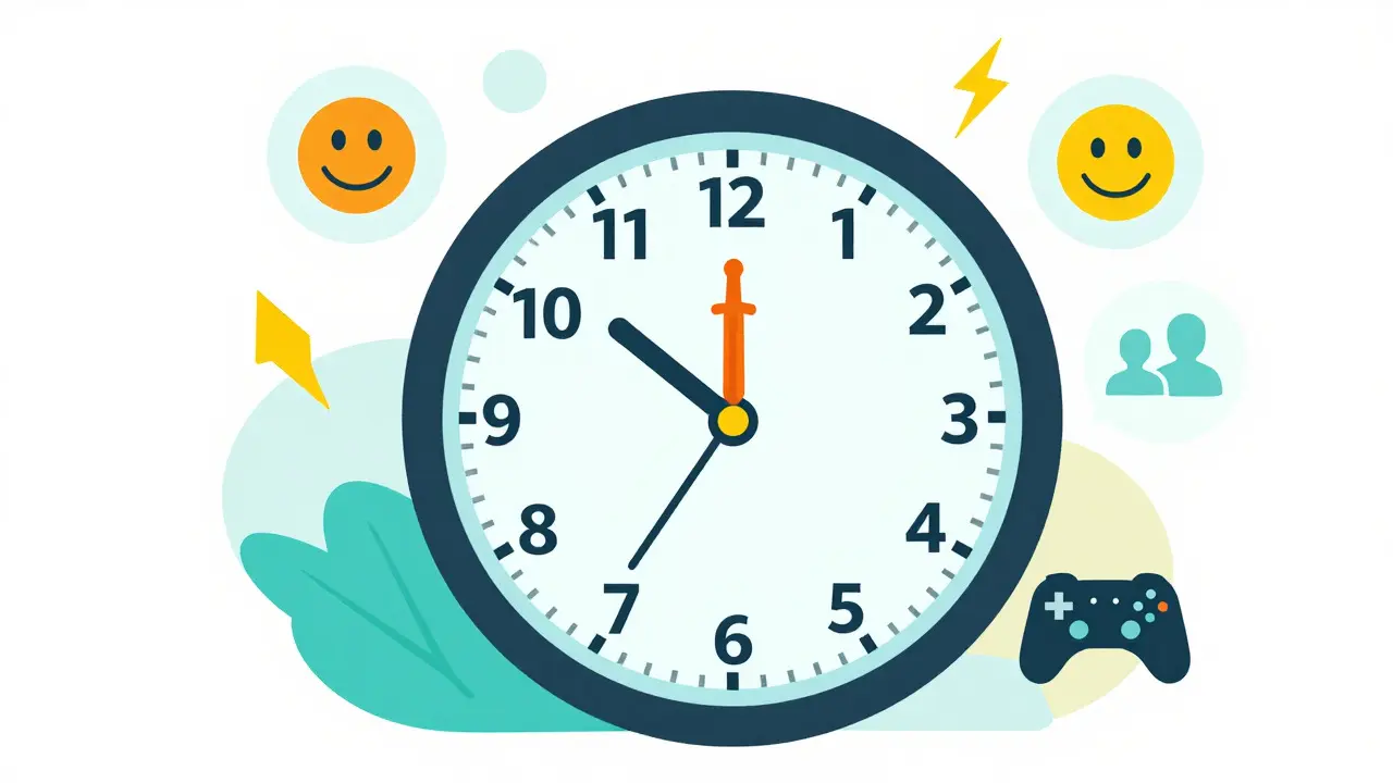 Vector illustration of a clock with game genre icons and mood symbols