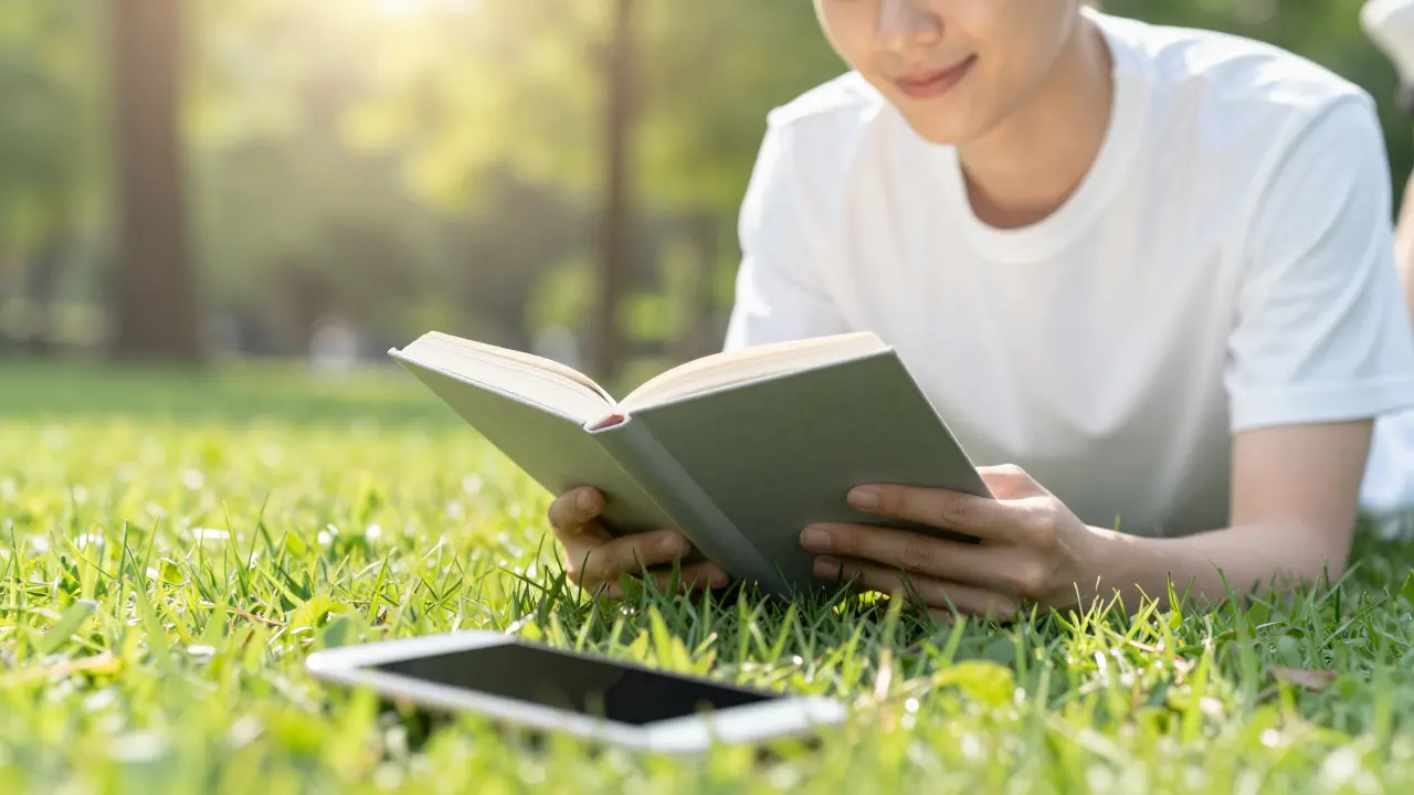 Young adult reading a book in a sunny park with phone nearby