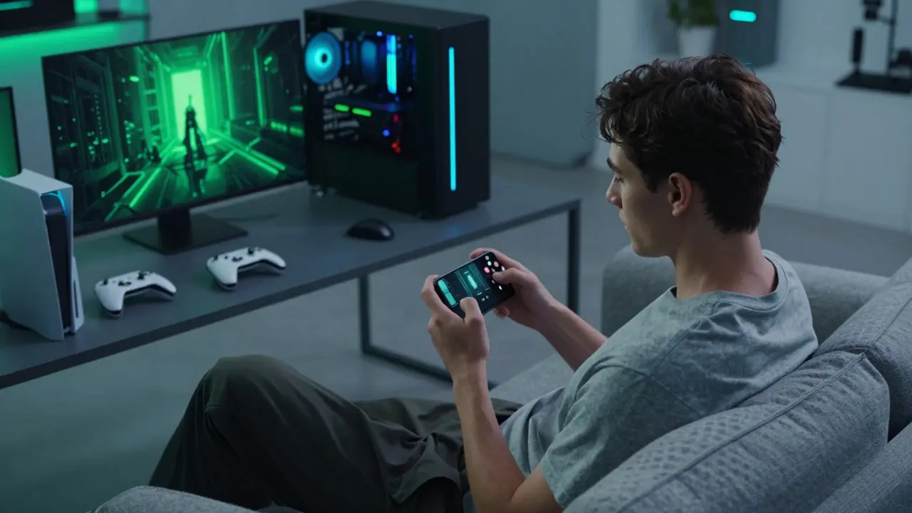 Young adult using multiple gaming devices including phone, PC, and console in a living room