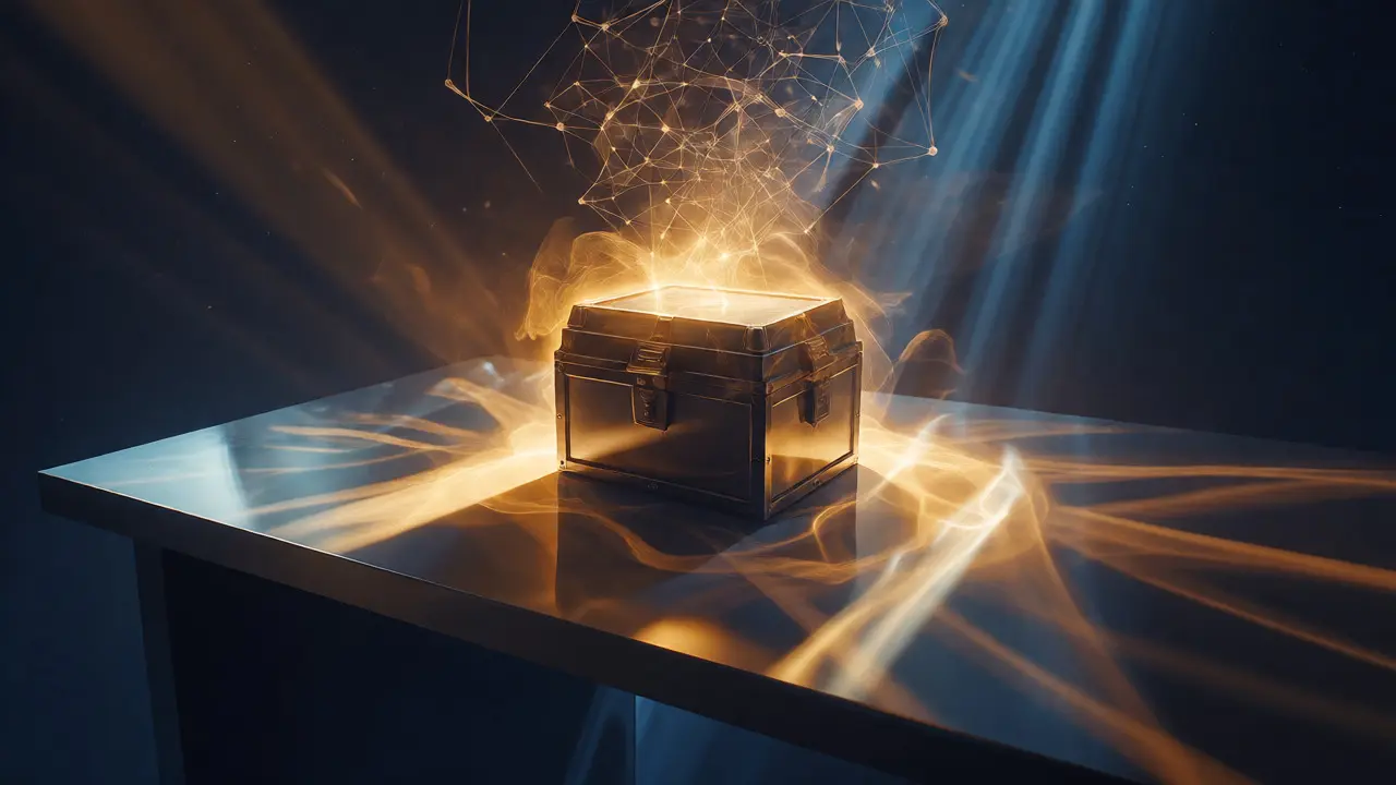 A glowing loot box on a desk surrounded by neural network imagery symbolizing craving.