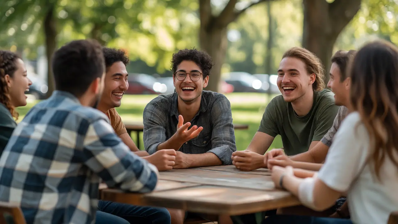 A group of friends laughing and talking together outdoors in a park without any electronic devices.